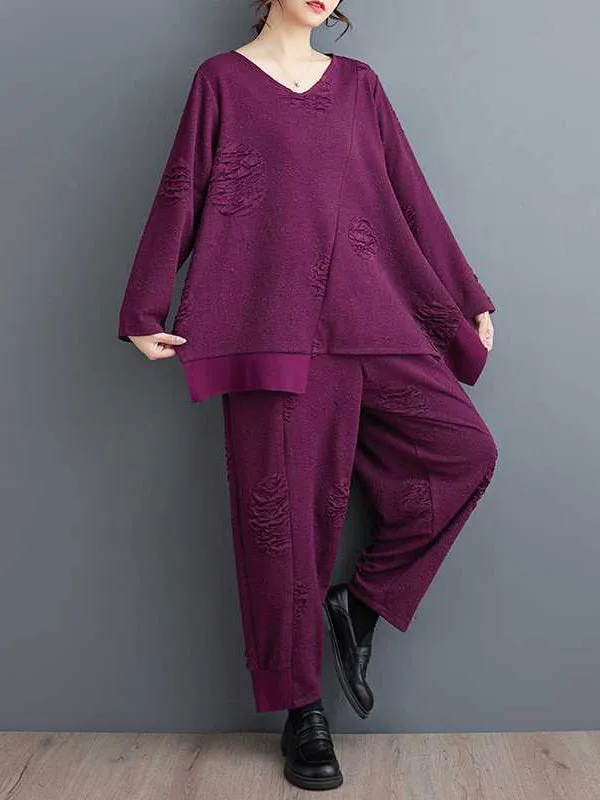 xakxx Long Sleeves Asymmetric Solid Color Split-Joint V-Neck T-Shirts Top   Harem Pants Elasticity Pants Bottom Two Pieces Set