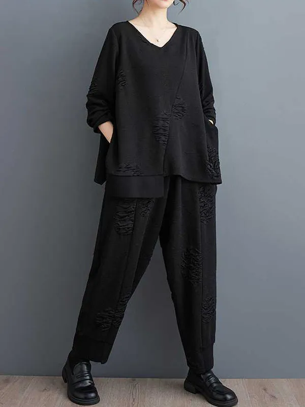 xakxx Long Sleeves Asymmetric Solid Color Split-Joint V-Neck T-Shirts Top   Harem Pants Elasticity Pants Bottom Two Pieces Set