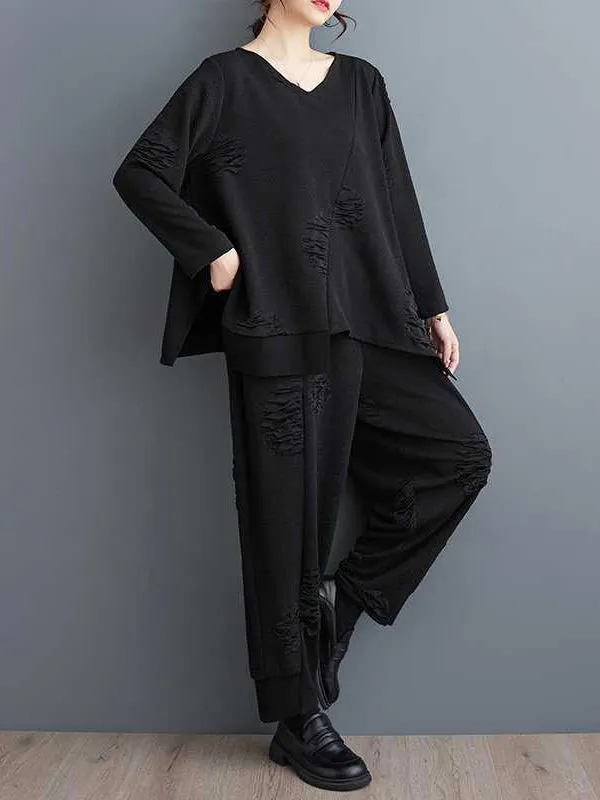 xakxx Long Sleeves Asymmetric Solid Color Split-Joint V-Neck T-Shirts Top   Harem Pants Elasticity Pants Bottom Two Pieces Set