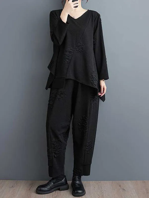 xakxx Long Sleeves Asymmetric Solid Color Split-Joint V-Neck T-Shirts Top   Harem Pants Elasticity Pants Bottom Two Pieces Set