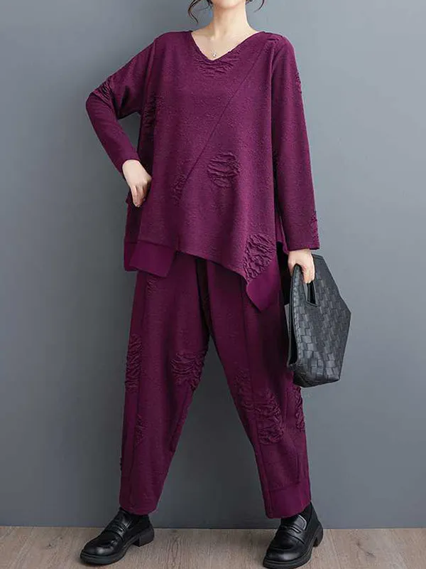 xakxx Long Sleeves Asymmetric Solid Color Split-Joint V-Neck T-Shirts Top   Harem Pants Elasticity Pants Bottom Two Pieces Set