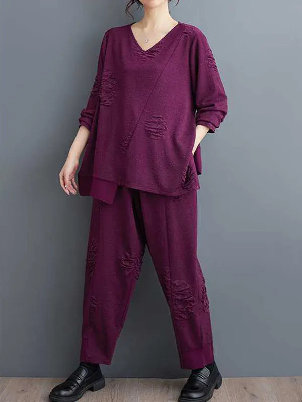 xakxx Long Sleeves Asymmetric Solid Color Split-Joint V-Neck T-Shirts Top   Harem Pants Elasticity Pants Bottom Two Pieces Set