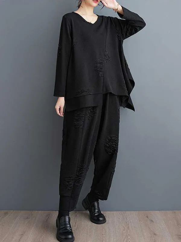 xakxx Long Sleeves Asymmetric Solid Color Split-Joint V-Neck T-Shirts Top   Harem Pants Elasticity Pants Bottom Two Pieces Set