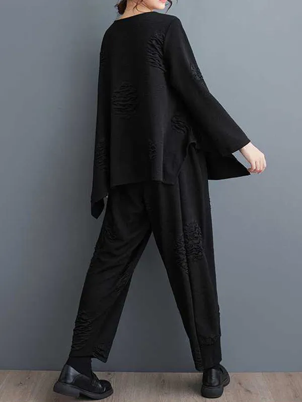xakxx Long Sleeves Asymmetric Solid Color Split-Joint V-Neck T-Shirts Top   Harem Pants Elasticity Pants Bottom Two Pieces Set
