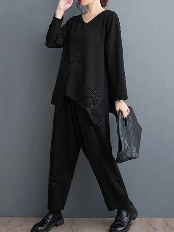 xakxx Long Sleeves Asymmetric Solid Color Split-Joint V-Neck T-Shirts Top   Harem Pants Elasticity Pants Bottom Two Pieces Set