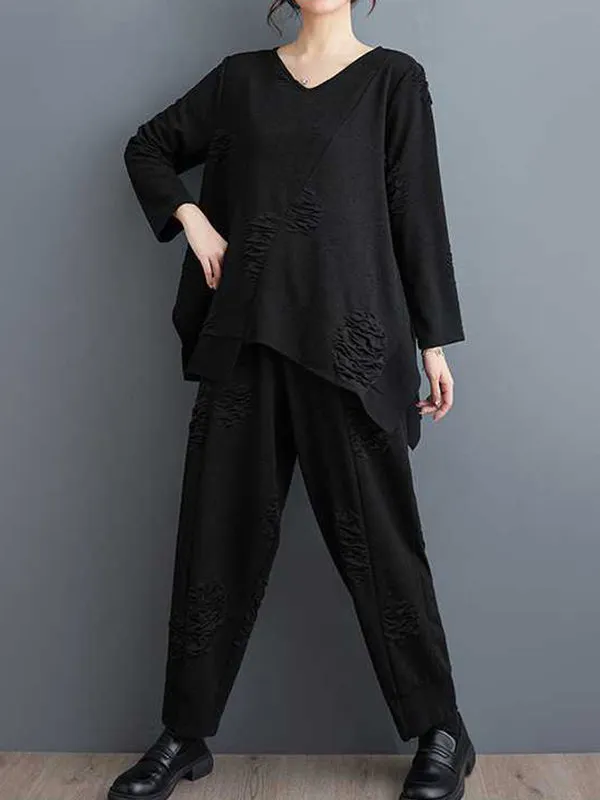 xakxx Long Sleeves Asymmetric Solid Color Split-Joint V-Neck T-Shirts Top   Harem Pants Elasticity Pants Bottom Two Pieces Set