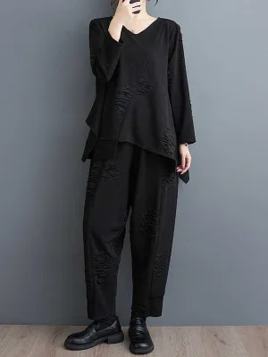 xakxx Long Sleeves Asymmetric Solid Color Split-Joint V-Neck T-Shirts Top   Harem Pants Elasticity Pants Bottom Two Pieces Set