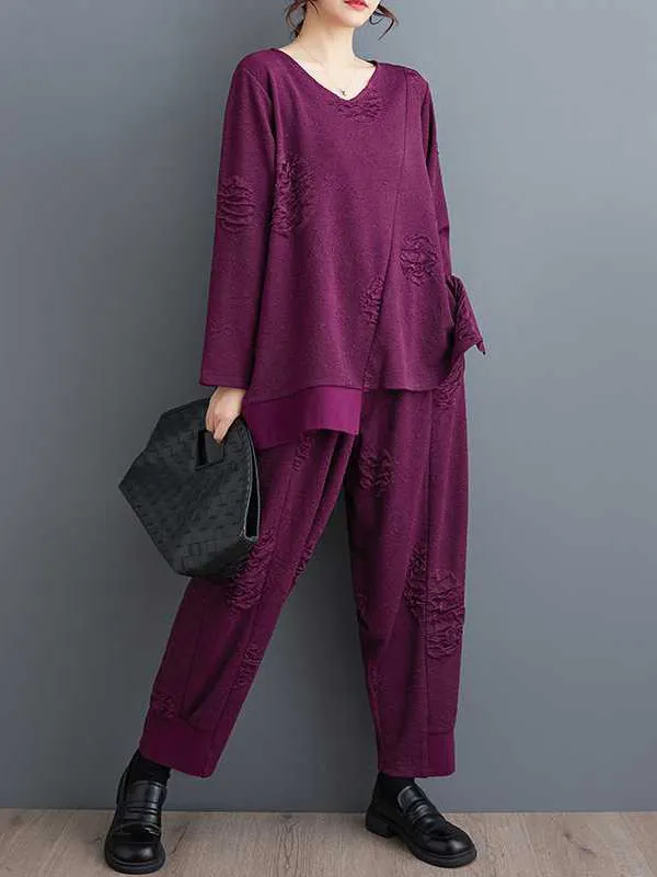 xakxx Long Sleeves Asymmetric Solid Color Split-Joint V-Neck T-Shirts Top   Harem Pants Elasticity Pants Bottom Two Pieces Set