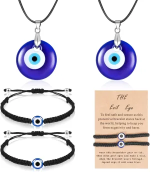 Yaomiao Evil Eye Bracelets with Necklace Set, 2 Pieces 7 Knot Red Rope Bracelet Amulet Lucky Bracelets with Card, 2 Pieces Evil Eye Pendant Necklaces Turkish Blue Necklace for Women Men