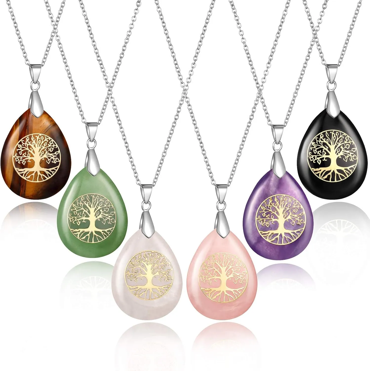 Yaomiao Tree Teardrop Crystal Pendant Necklaces Energy Natural Jewelry Stone Adjustable Chakra Charm Necklace for Valentines Day Women Men Gifts