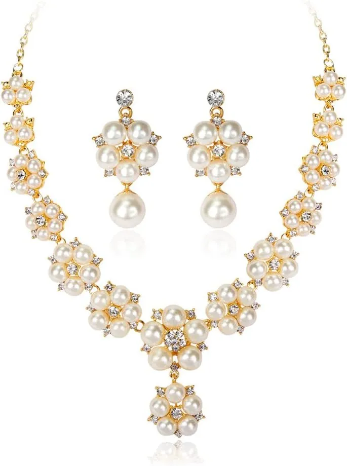 YAZILIND Bridal Necklace Earrings Flower Shape Imitation Pearl Necklaces Earring Jewelry Set