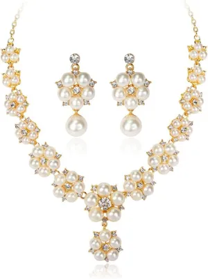 YAZILIND Bridal Necklace Earrings Flower Shape Imitation Pearl Necklaces Earring Jewelry Set