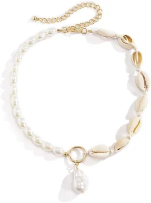 YAZILIND Shell-Shape Imitation Pearl Chain Necklace Women's Pendant Necklaces Simple Jewelry(White)