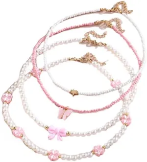 YIYUGEY Heart Bow Butterfly Pendant Necklace Beaded Necklace Imitation Pearl Small Handmade Resin Necklace Cute Sweet Pink Necklace Jewelry Surprise Birthday Party Dance Princess for Women