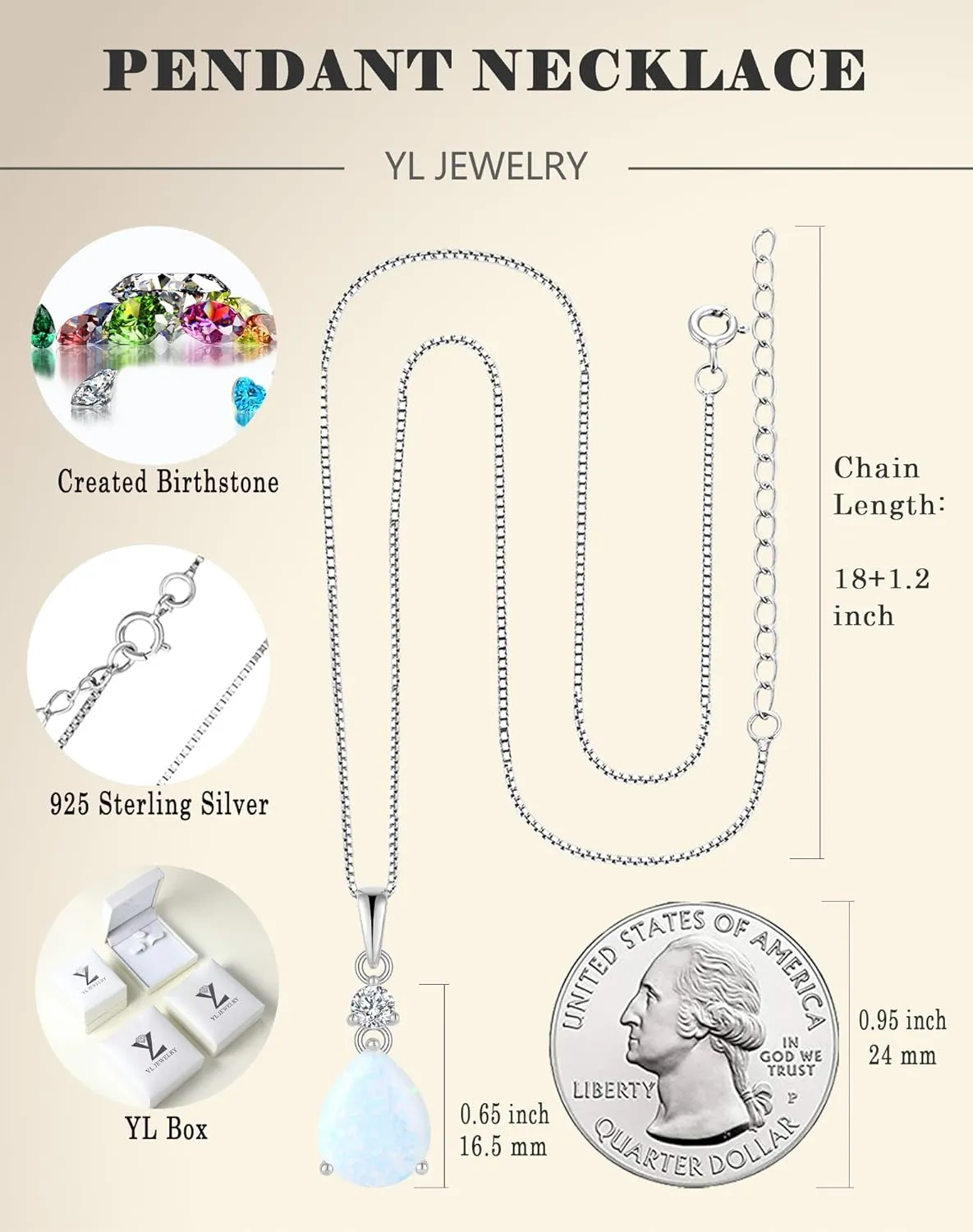 YL 11x9mm Teardrop Pear Necklace for Women, Solid Sterling Silver 18K White Gold Plated Birthstone Pendant Box Chain Jewelry