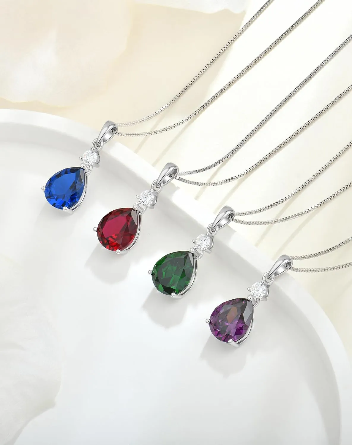 YL 11x9mm Teardrop Pear Necklace for Women, Solid Sterling Silver 18K White Gold Plated Birthstone Pendant Box Chain Jewelry