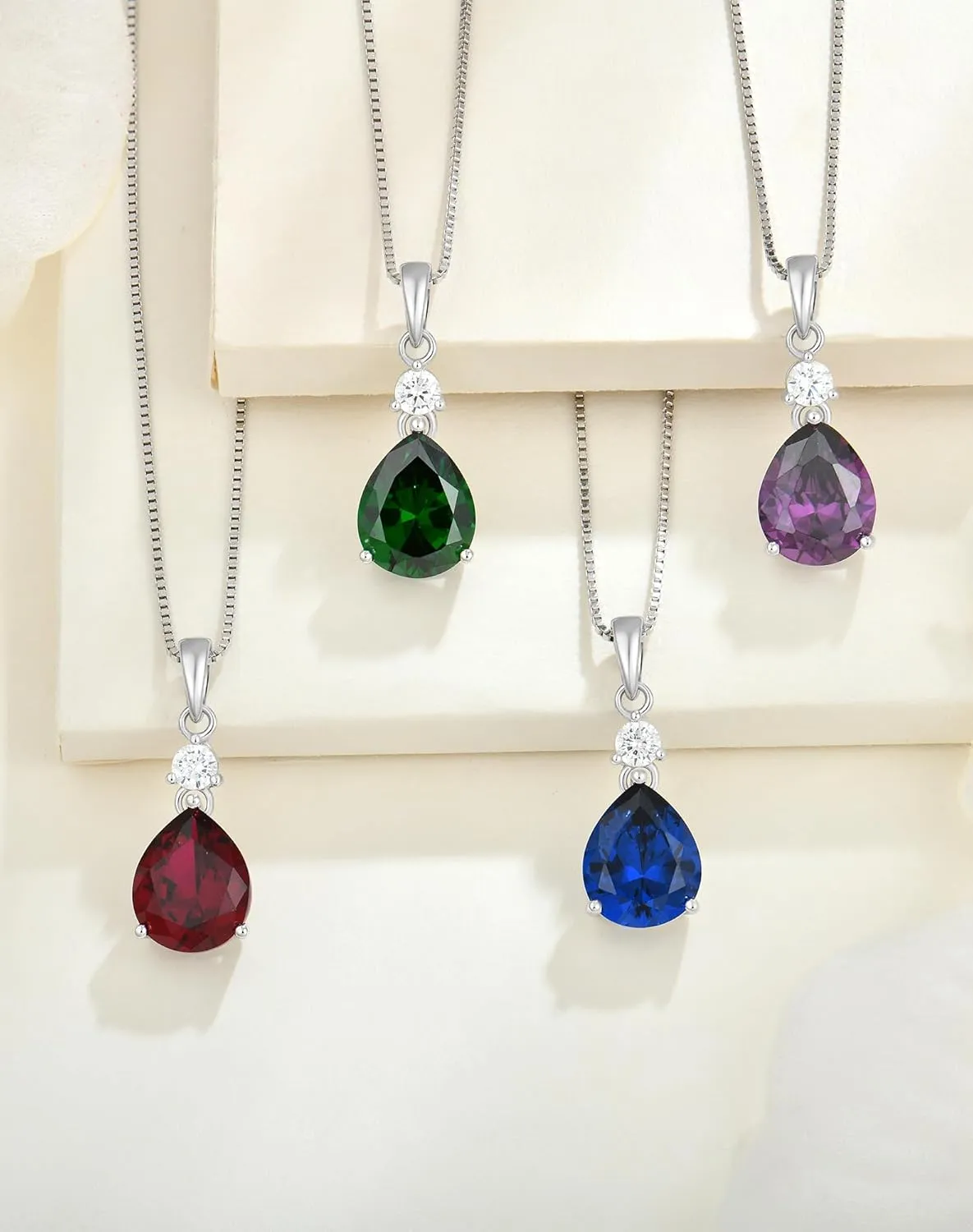 YL 11x9mm Teardrop Pear Necklace for Women, Solid Sterling Silver 18K White Gold Plated Birthstone Pendant Box Chain Jewelry