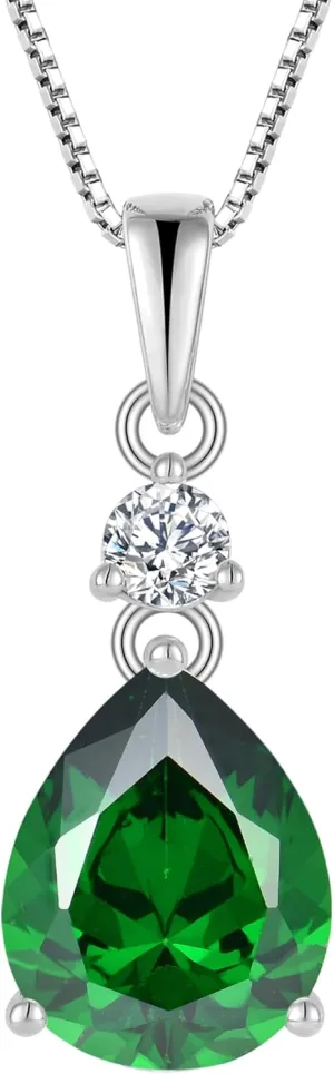 YL 11x9mm Teardrop Pear Necklace for Women, Solid Sterling Silver 18K White Gold Plated Birthstone Pendant Box Chain Jewelry