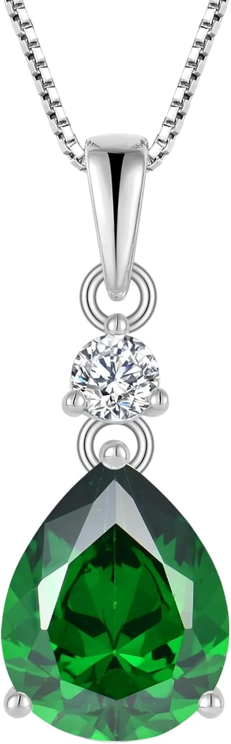 YL 11x9mm Teardrop Pear Necklace for Women, Solid Sterling Silver 18K White Gold Plated Birthstone Pendant Box Chain Jewelry