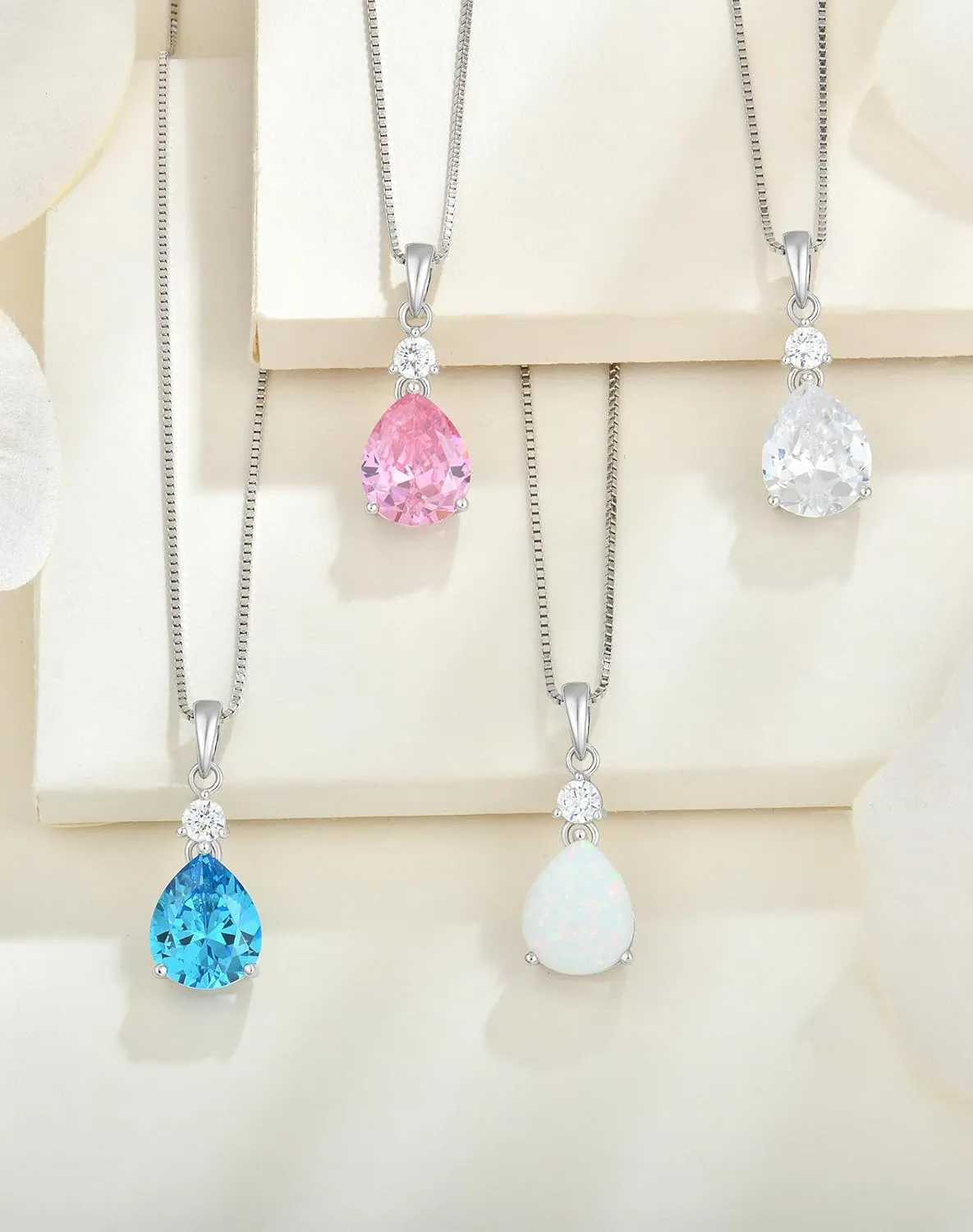 YL 11x9mm Teardrop Pear Necklace for Women, Solid Sterling Silver 18K White Gold Plated Birthstone Pendant Box Chain Jewelry