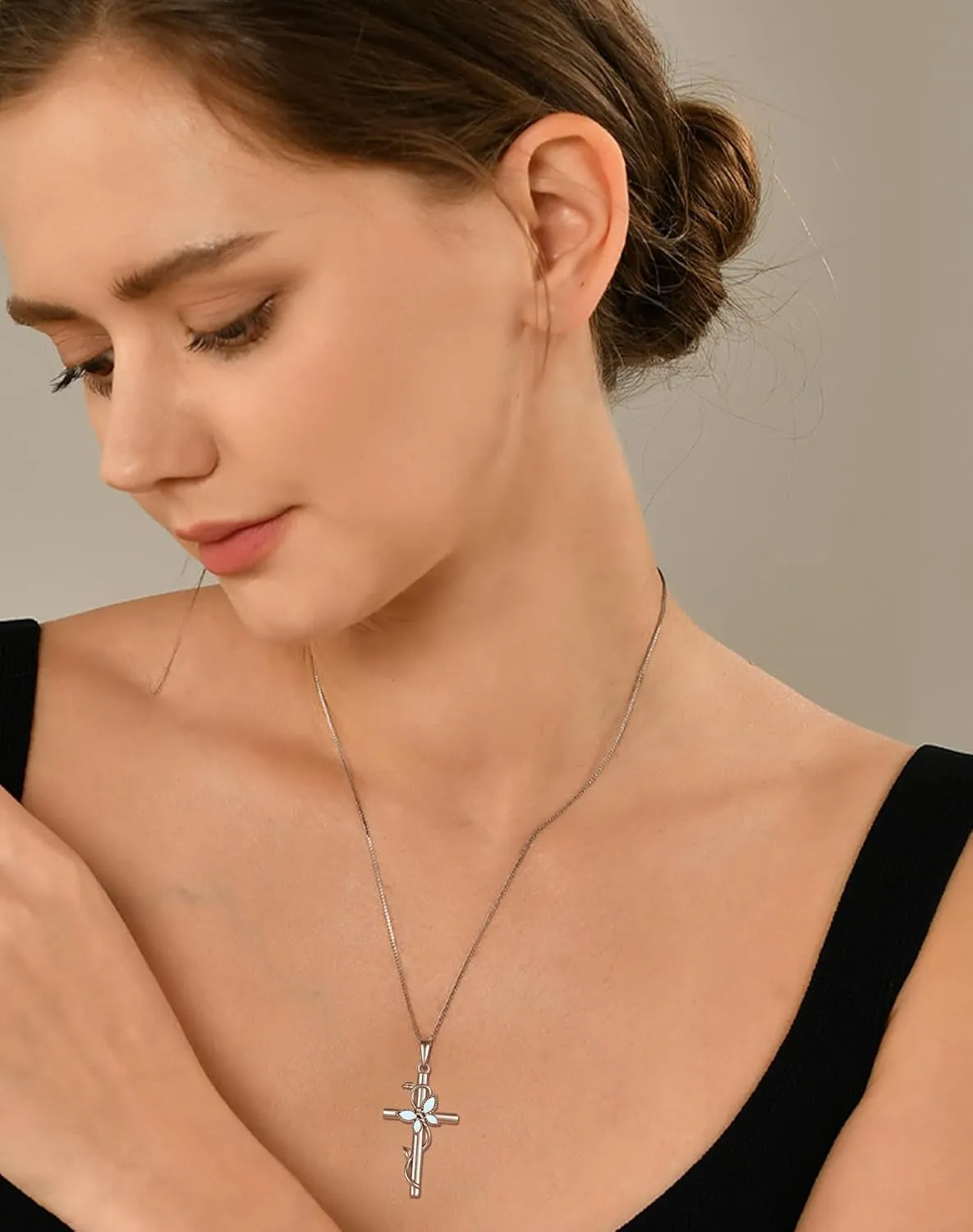 YL Cross Butterfly Twisted Flower Necklace for Women, Solid Sterling Silver 18K White Gold Plated Birthstone Pendant Box Chain Jewelry