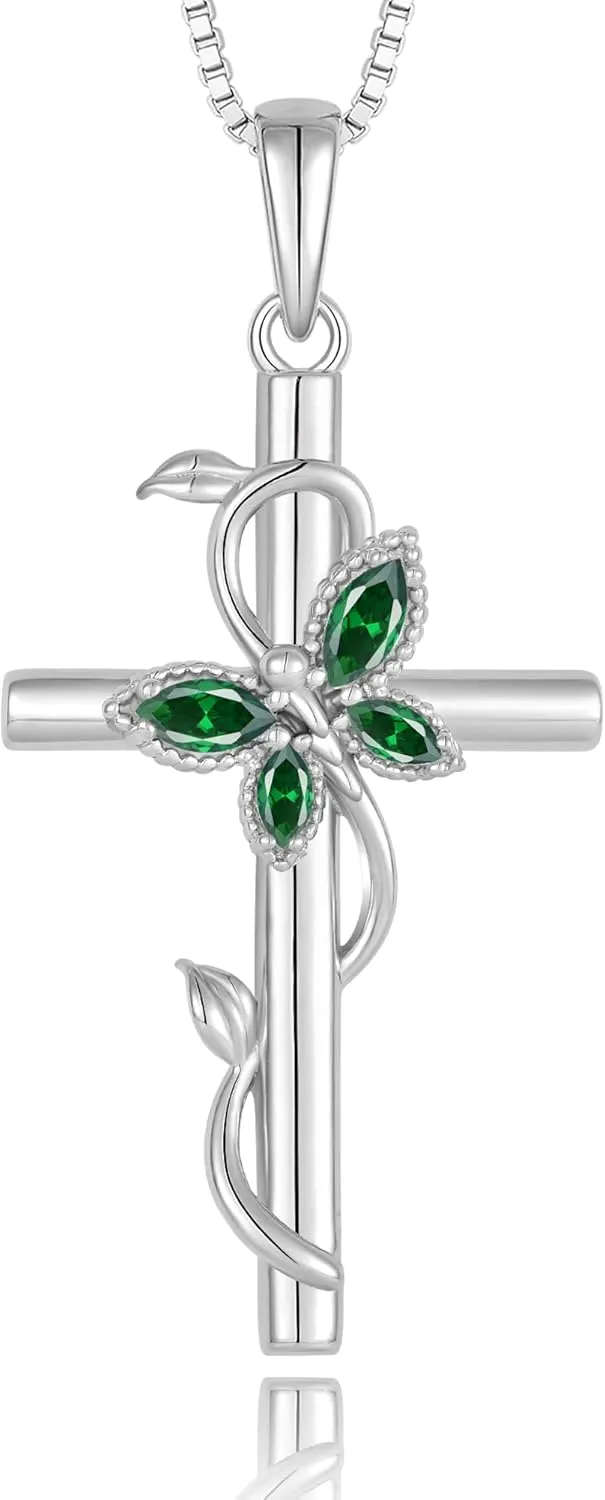 YL Cross Butterfly Twisted Flower Necklace for Women, Solid Sterling Silver 18K White Gold Plated Birthstone Pendant Box Chain Jewelry