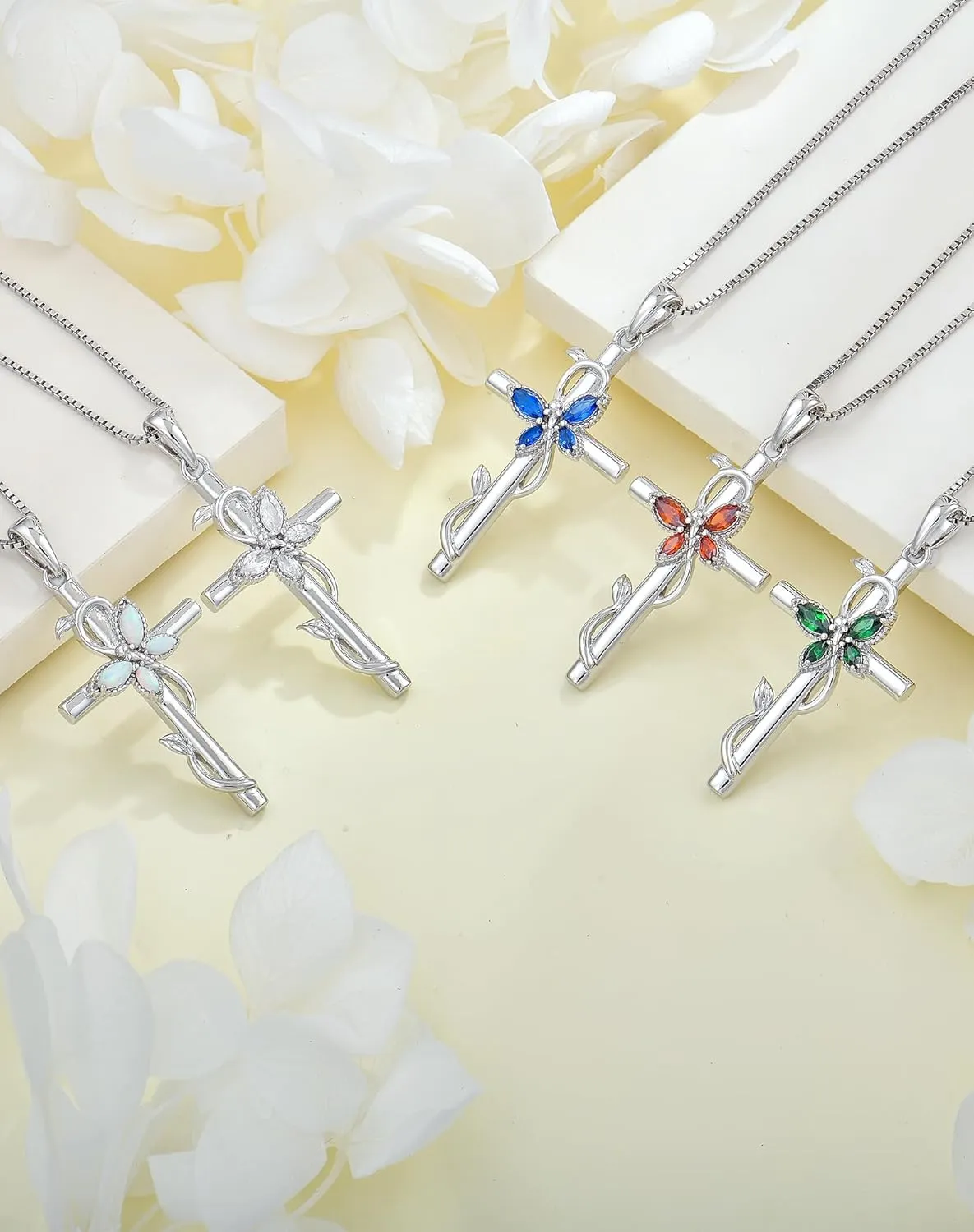 YL Cross Butterfly Twisted Flower Necklace for Women, Solid Sterling Silver 18K White Gold Plated Birthstone Pendant Box Chain Jewelry