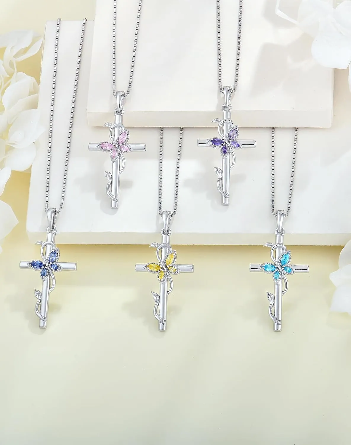 YL Cross Butterfly Twisted Flower Necklace for Women, Solid Sterling Silver 18K White Gold Plated Birthstone Pendant Box Chain Jewelry