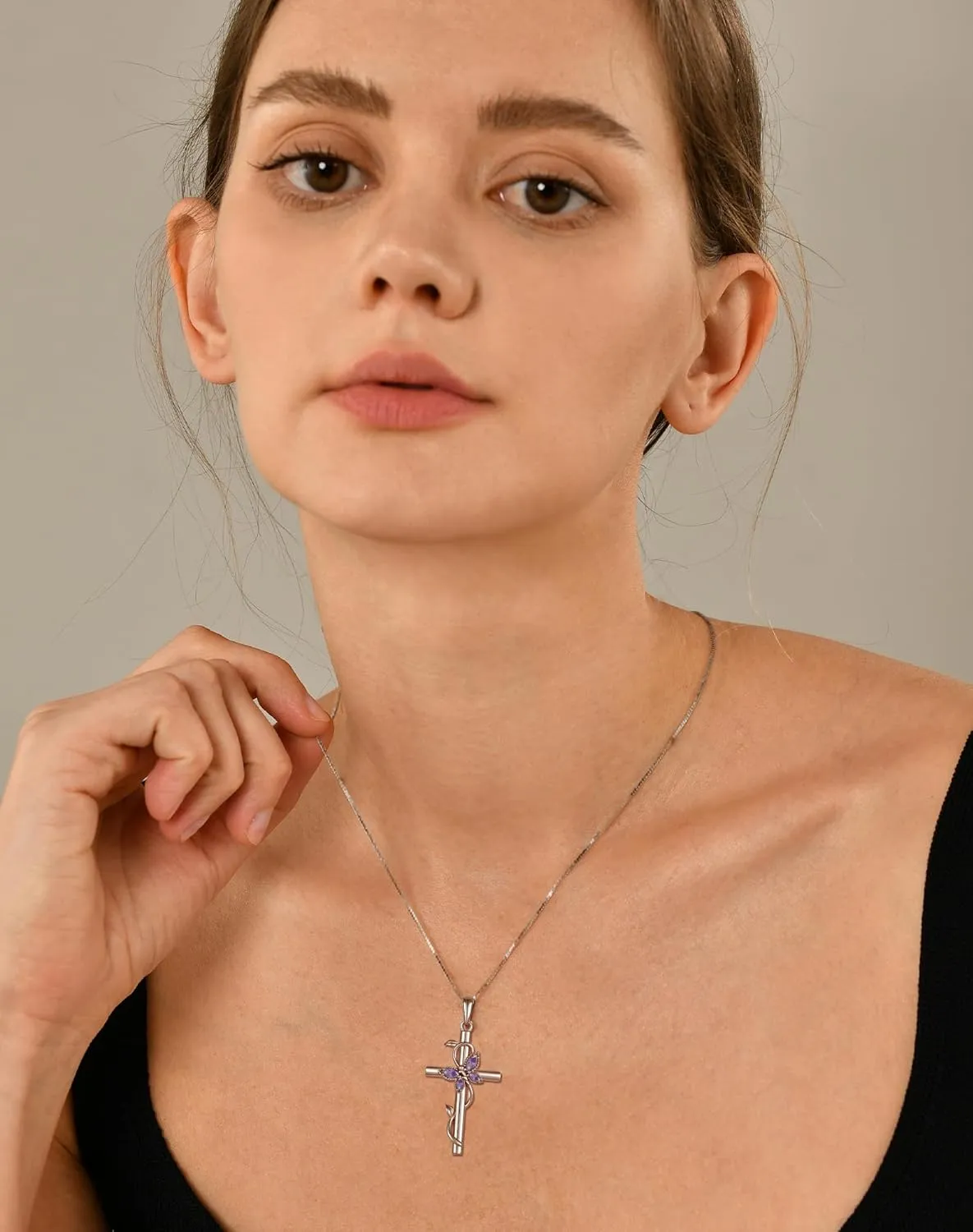 YL Cross Butterfly Twisted Flower Necklace for Women, Solid Sterling Silver 18K White Gold Plated Birthstone Pendant Box Chain Jewelry