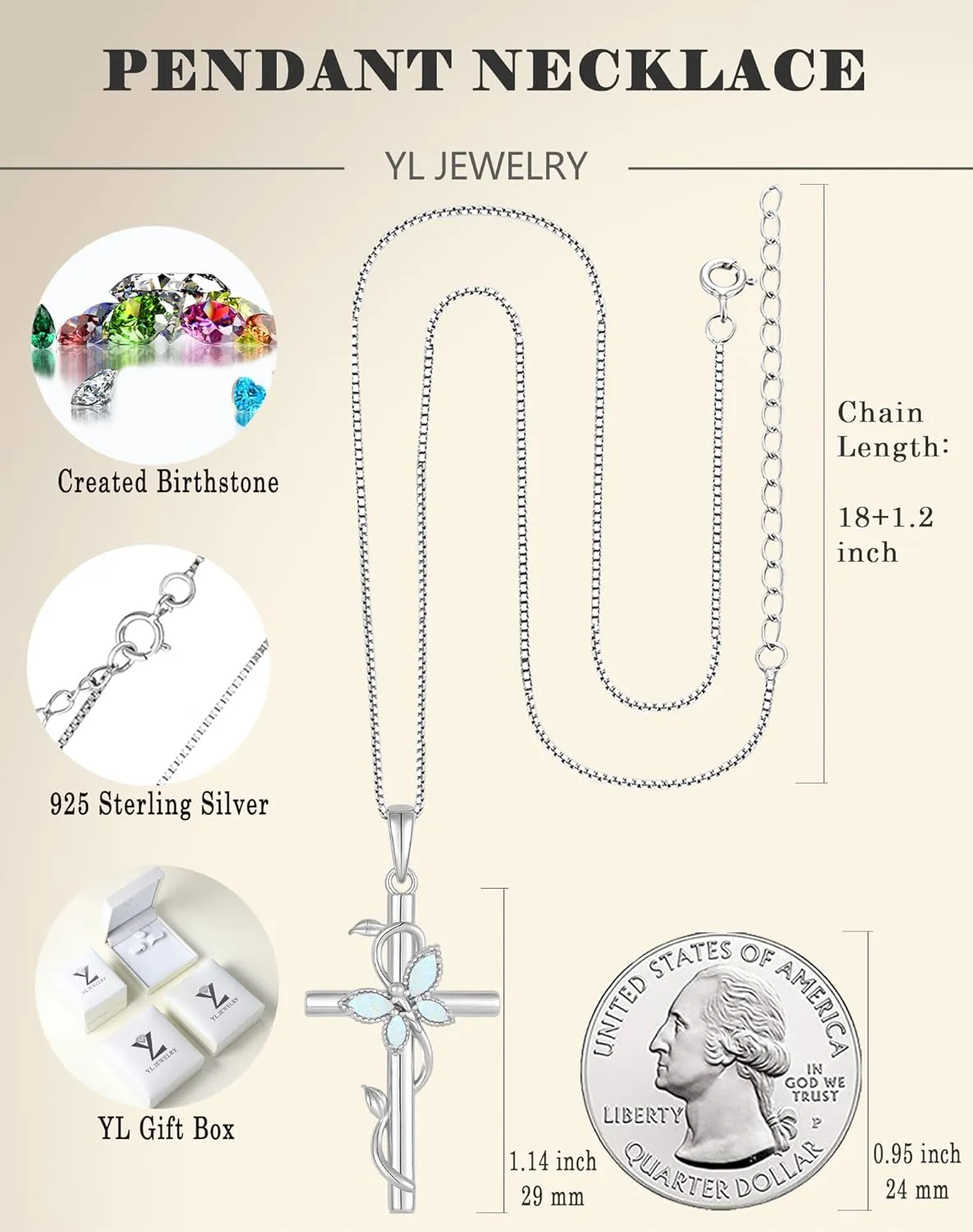 YL Cross Butterfly Twisted Flower Necklace for Women, Solid Sterling Silver 18K White Gold Plated Birthstone Pendant Box Chain Jewelry