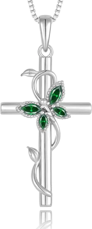 YL Cross Butterfly Twisted Flower Necklace for Women, Solid Sterling Silver 18K White Gold Plated Birthstone Pendant Box Chain Jewelry