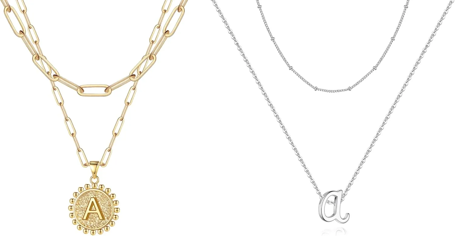 Yoosteel Layered Coin Initial Necklaces and Tiny Initial Necklaces sets for Women - 14K Real Gold Plated Paperclip Link Chain Necklace and Layered Tiny Initial Necklace for Women Girls Jewelry Gifts