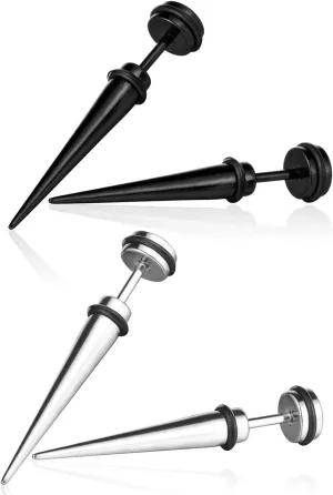 Yumilok Jewelry 4 Pcs Mens Womens Stainless Steel Spike Stud Earrings Tapers Fake Plugs Ear Stretchers, 2 Pairs(Black, Silver)