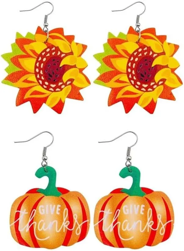 Zian Thanksgiving Turkey Earrings Sunflower Pumpkin Earrings Double-Sided Leather Earrings Holiday Earrings For Women
