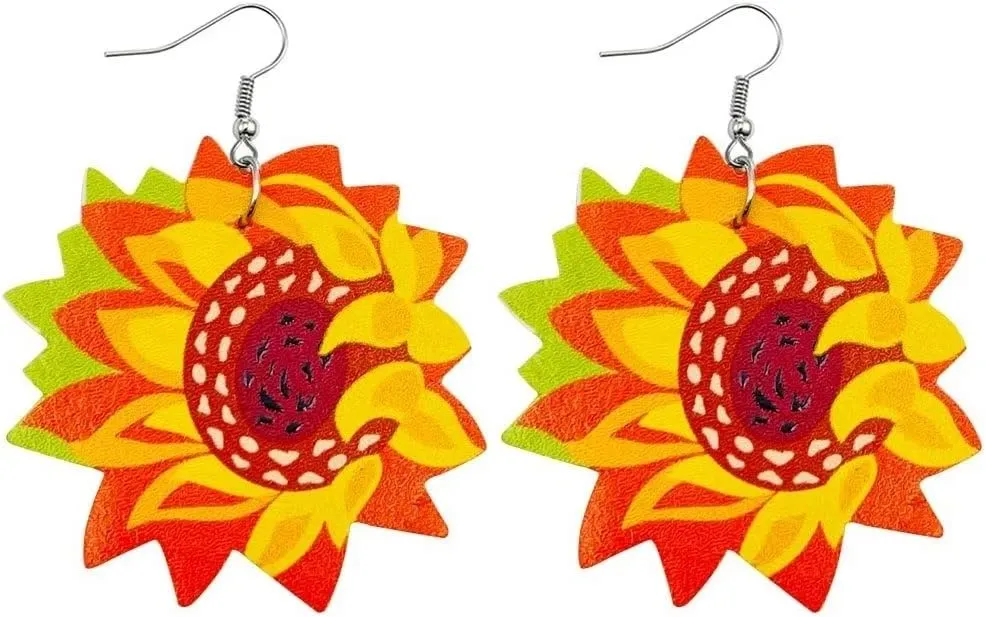 Zian Thanksgiving Turkey Earrings Sunflower Pumpkin Earrings Double-Sided Leather Earrings Holiday Earrings For Women
