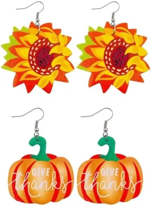 Zian Thanksgiving Turkey Earrings Sunflower Pumpkin Earrings Double-Sided Leather Earrings Holiday Earrings For Women