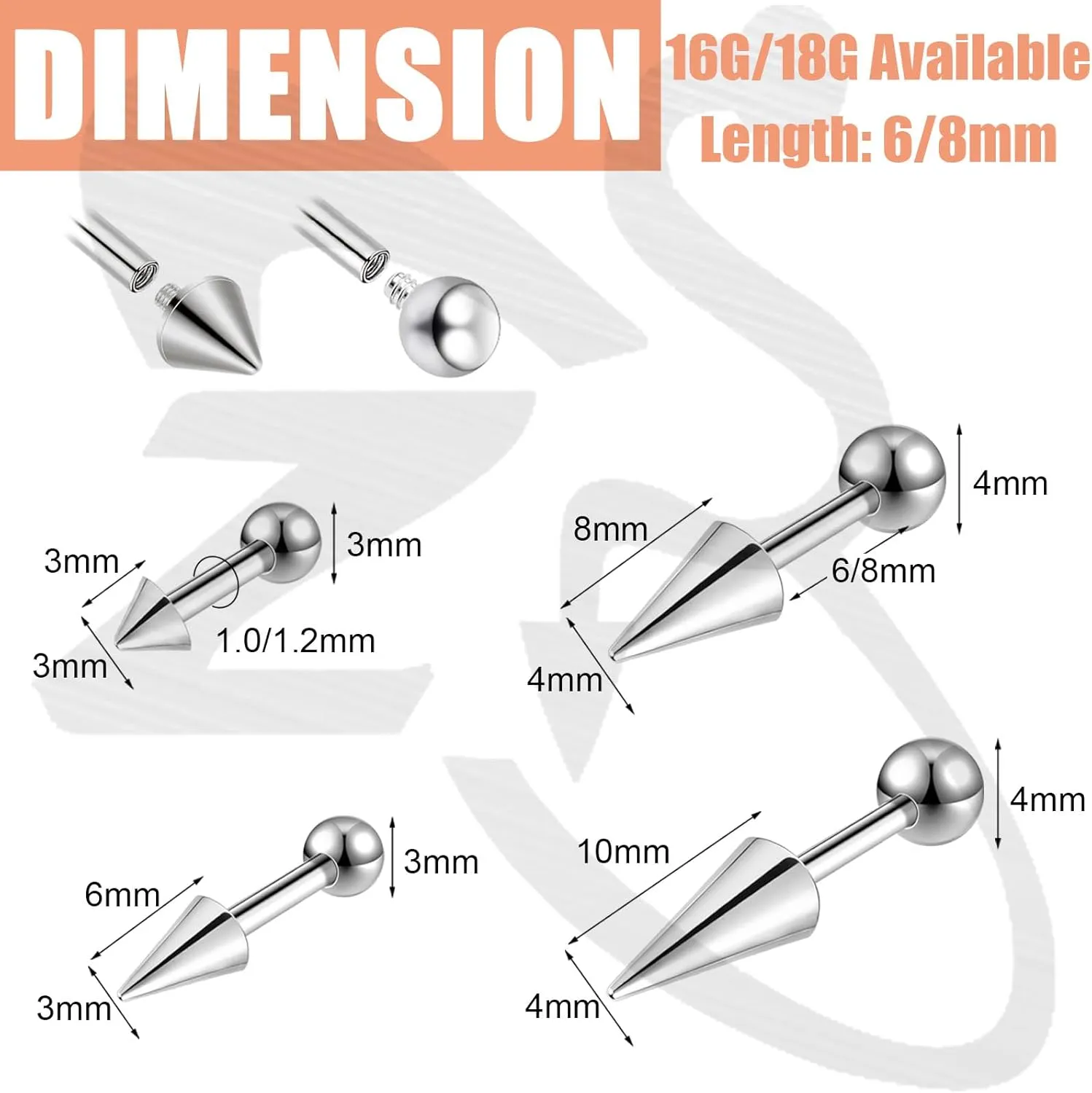 ZS 16G/18G Spike Cartilage Tragus Helix Piercing, Stainless Steel Spike Stud Earrings Internal Thread Curved Barbell Nose Bridge Rings Snake Bite Piercing Jewelry for Women Men